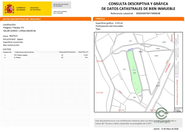 Finca agrícola de 0,29 ha en venta en Murcia