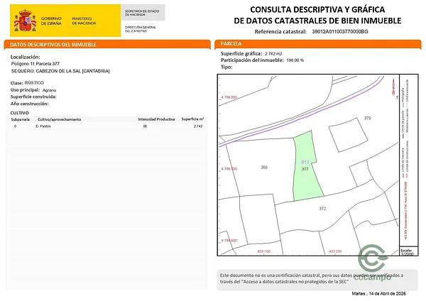 Finca rústica de 0,2742 ha en venta en Casar de periedo, Cantabria